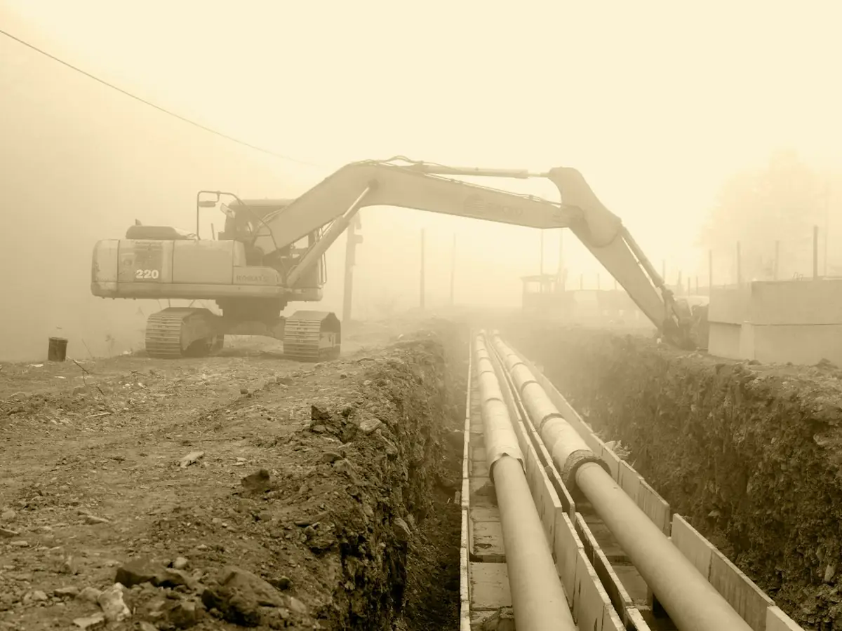Excavator beside large pipes on a construction site (stock photo)