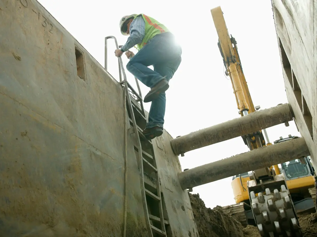 Construction worker climbing out of a trench beside an excavator (stock photo)